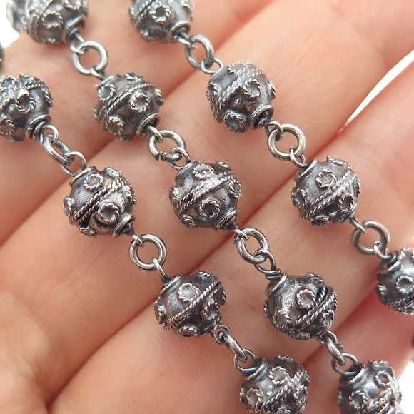 800 Silver Antique Art Deco Oxidized Ball Beaded Chain Necklace 32